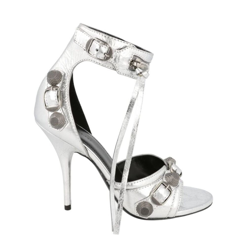 Balenciaga Cagole Studded Sandal Heels Silver Womens